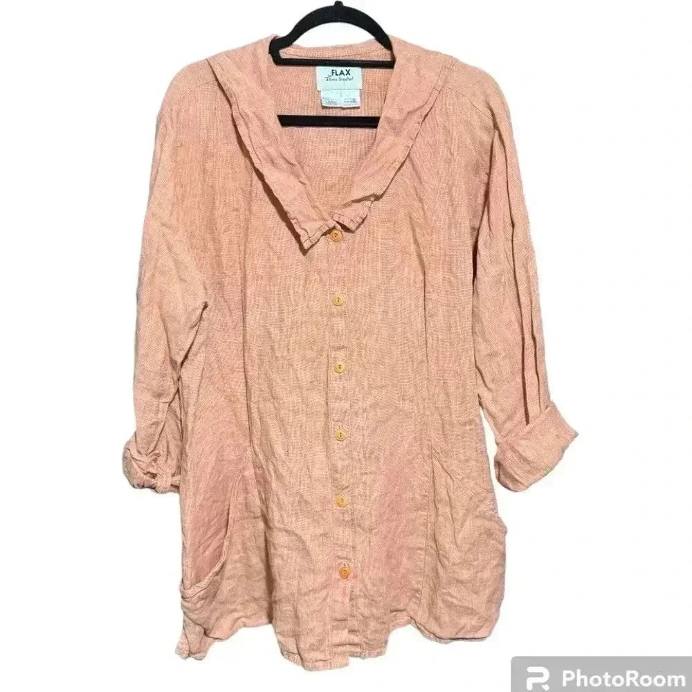 Flax Linen Jacket Roll tab orange pocket 3/4 sleeve